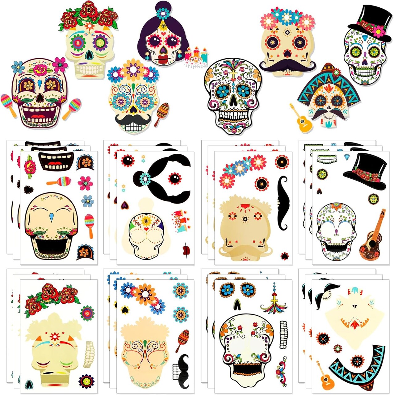 Day of The Dead DIY Stickers, 24 Sheets Halloween Sugar Skull Crafts Gift Dia De Los Muertos Party Games Supplies Make Your Own Skull Stickers for Kids